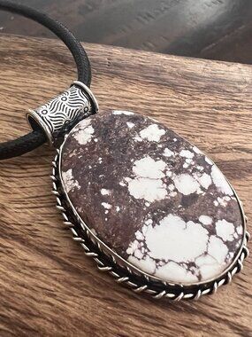 925 Sterling Silver Wild Horse Turquoise Leather Necklace Native American